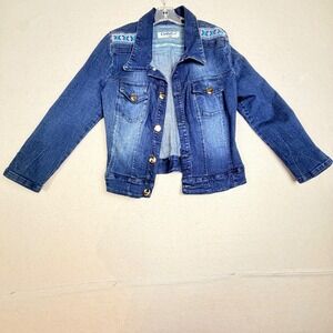 CHNT Denim Jacket Medium Wash Embroidered Shoulders Made in Colombia Size 10